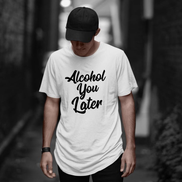 Takeincart cotton longline white T shirt with Alcohol You Later print on male model wearing cap tag sleeveless printed men