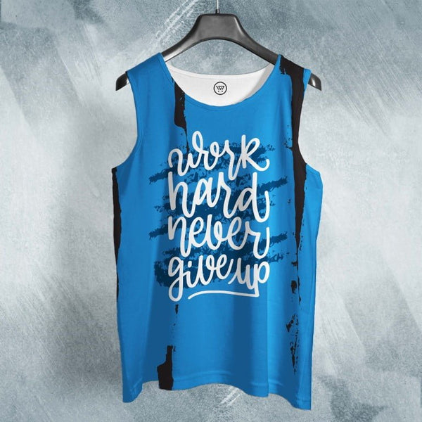 Blue Sleeveless printed shirt with white Work Hard Never Give Up lettering full printed sando by Takeincart