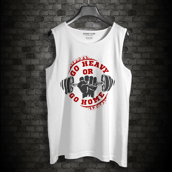 Takeincart white cotton ultra soft sando with Go Heavy or Go Home weightlifting graphic design