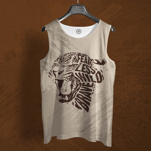 Takeincart full printed beige tank top with roaring leopard head and bold text design Graphic sando