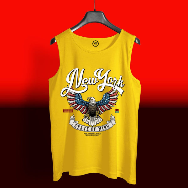 Yellow ribbed sando t-shirt with New York eagle graphic and State of Mind text from Takeincart