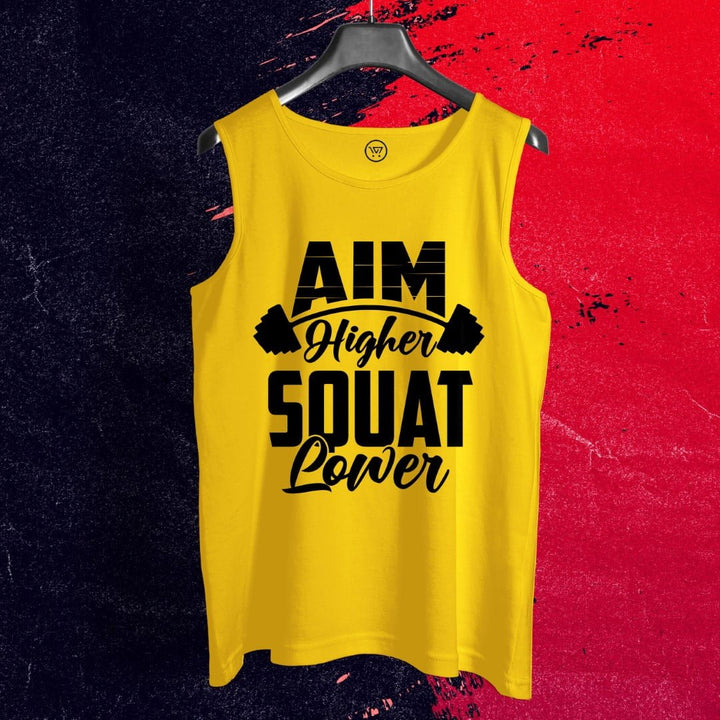 Yellow sleeveless T-shirt for men with Aim Higher Squat Lower graphic design on front