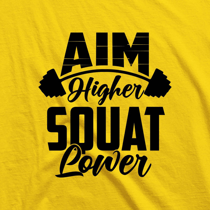 Yellow sleeveless T-shirt for men with Aim Higher Squat Lower graphic and barbell design