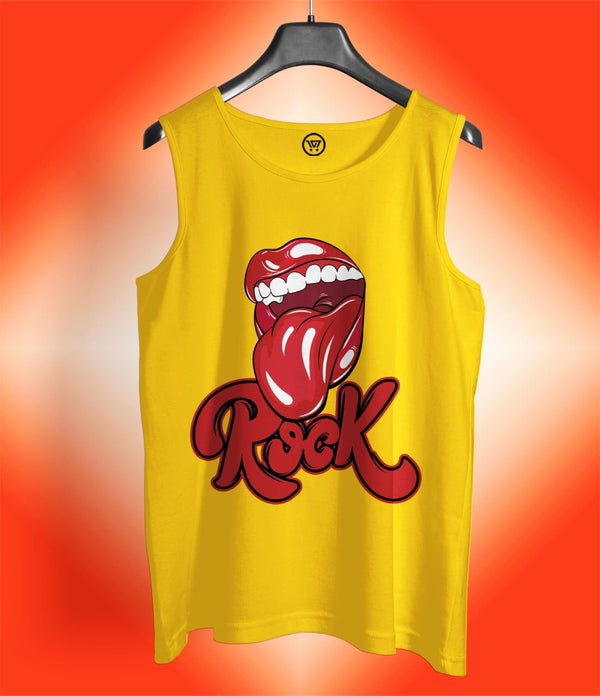 Soft cotton sando for men in yellow with rock tongue graphic print from Takeincart