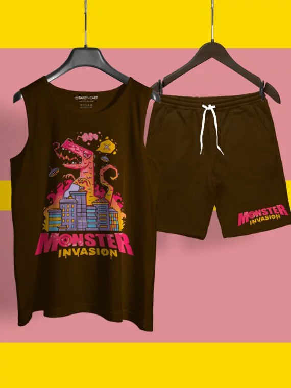 MONSTER INVASION DARK BROWN SANDO CO-ORD SET